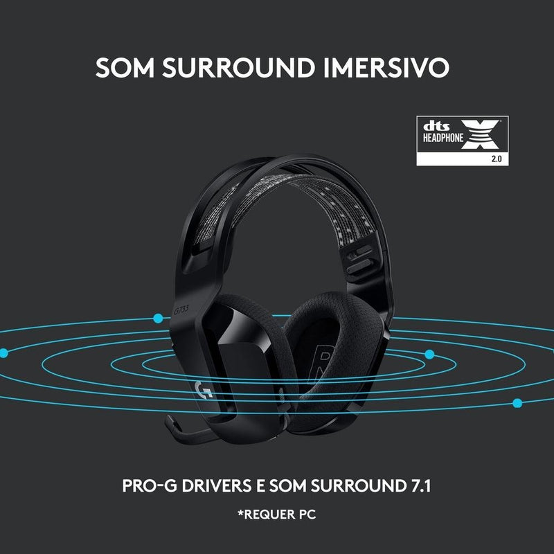 Headset Gamer Sem Fio Logitech G733 7.1 Dolby Surround RGB LIGHTSYNC, Blue VOICE para PC e PlayStation, Preto - 981-000863