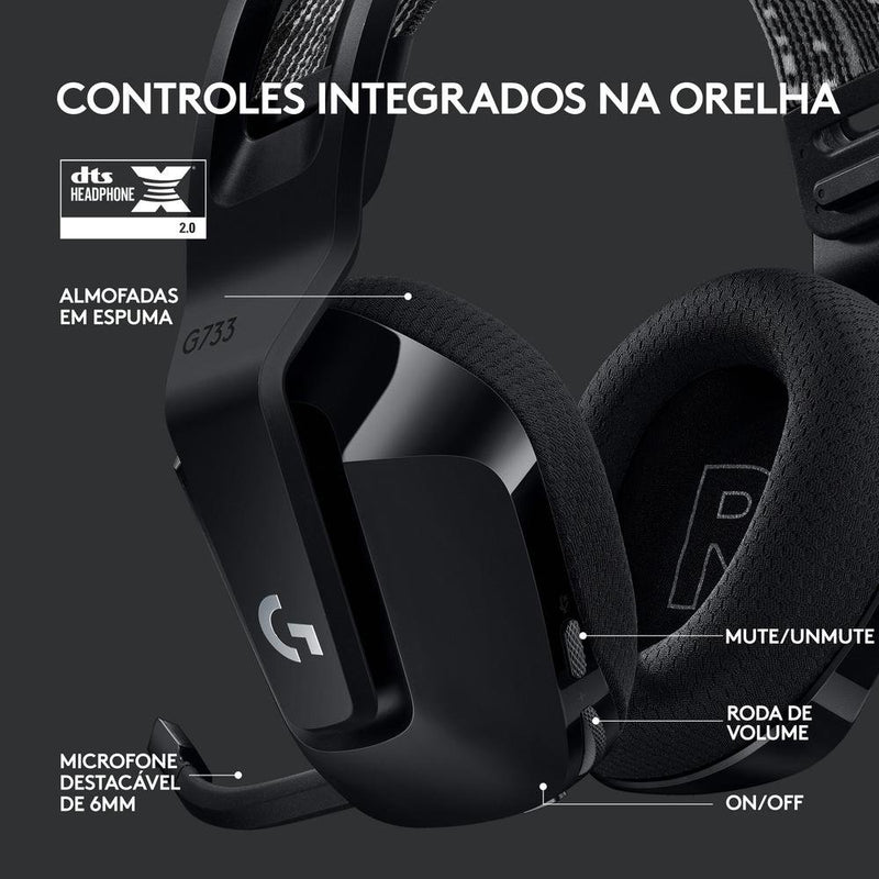 Headset Gamer Sem Fio Logitech G733 7.1 Dolby Surround RGB LIGHTSYNC, Blue VOICE para PC e PlayStation, Preto - 981-000863